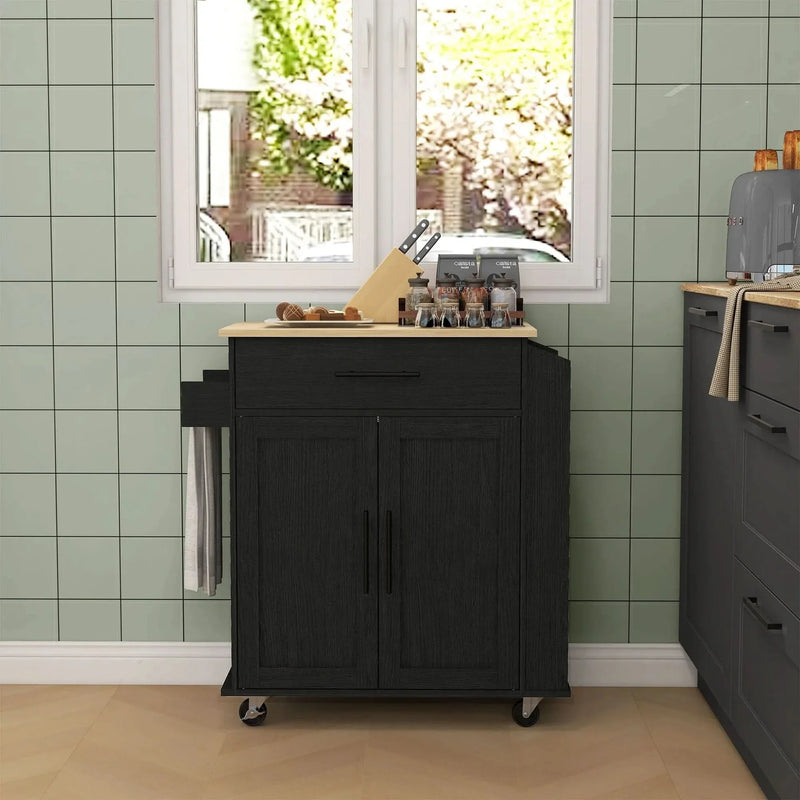Kitchen Island Wooden Cabinet Rolling Cart With Storage & USB Ports
