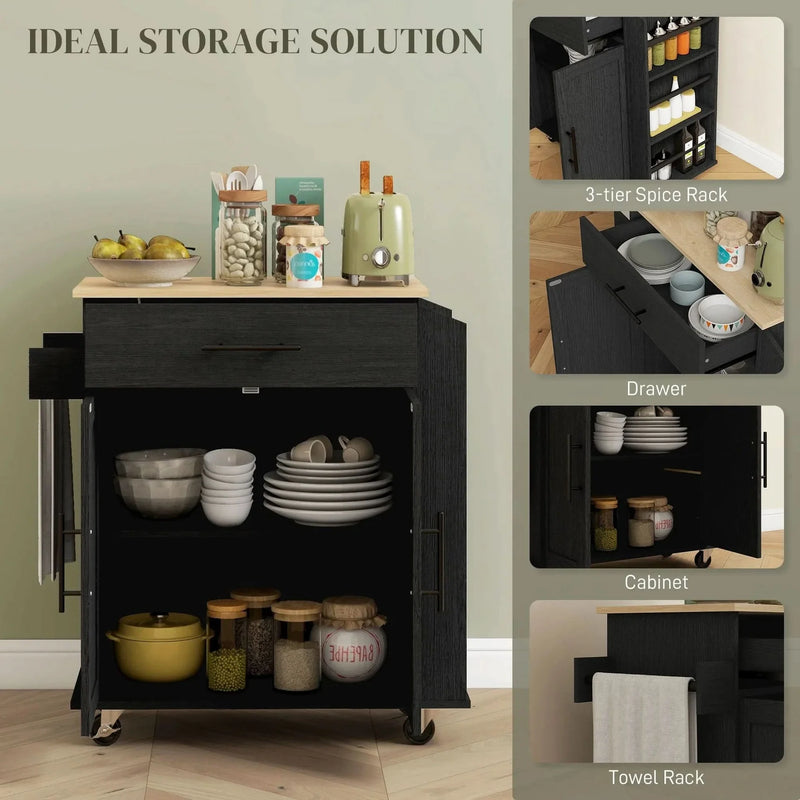 Kitchen Island Wooden Cabinet Rolling Cart With Storage & USB Ports