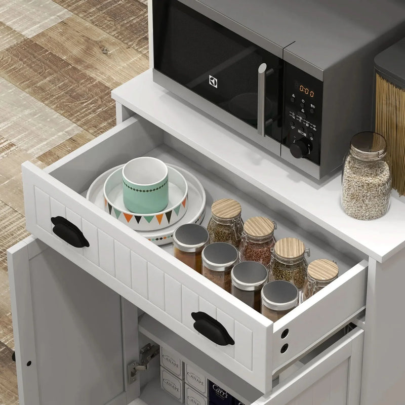 Microwave Cabinet With Storage Drawer & Double Doors Hutch White Cabinet