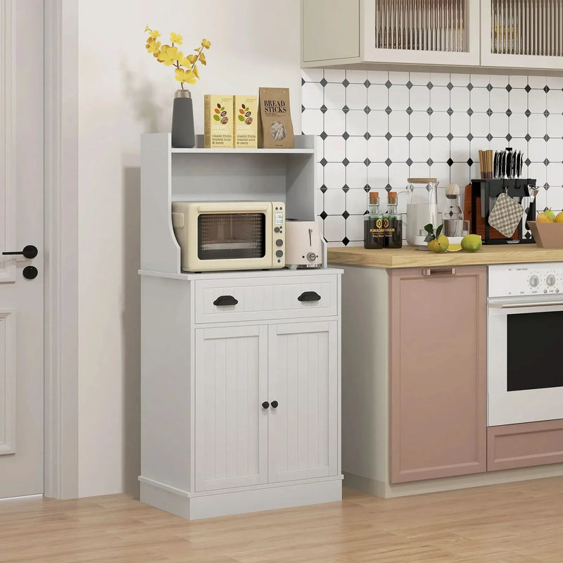 Microwave Cabinet With Storage Drawer & Double Doors Hutch White Cabinet