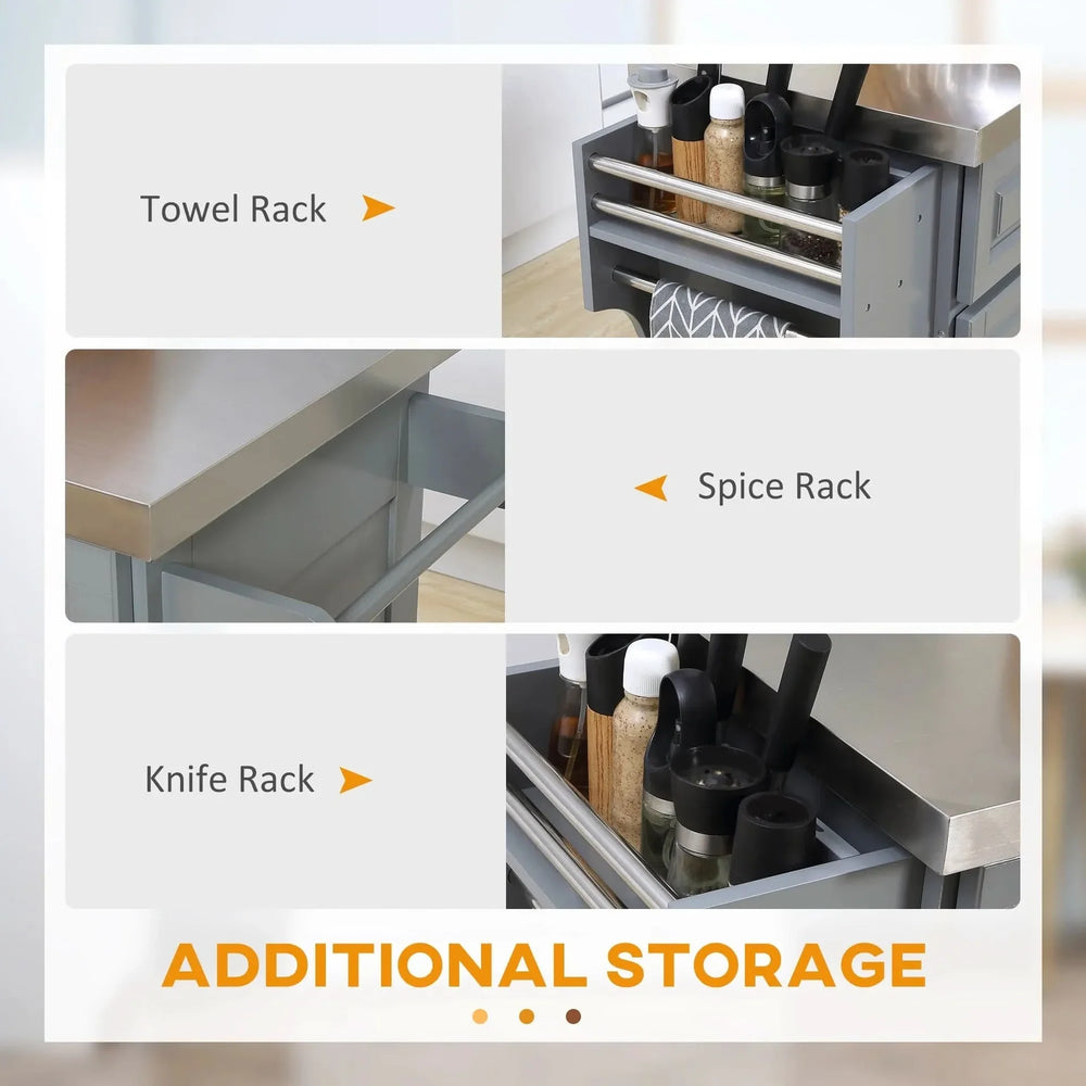 Rolling Kitchen Island Stainless Steel Top & Storage With Adjustable Shelves Media 7