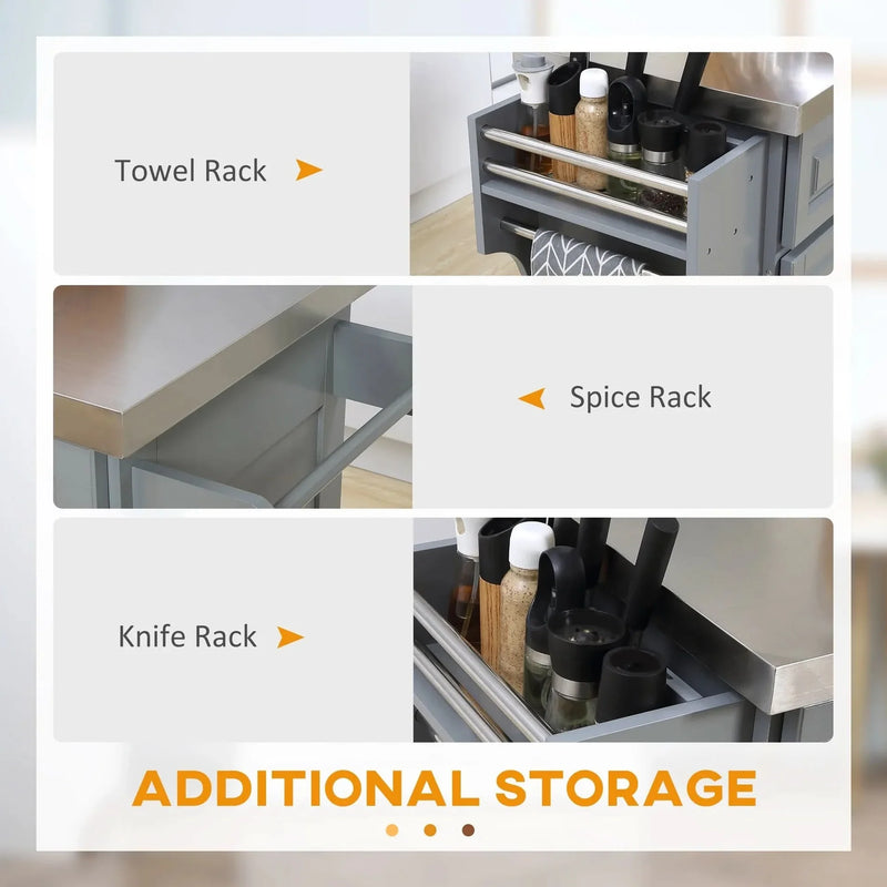 Rolling Kitchen Island Stainless Steel Top & Storage With Adjustable Shelves