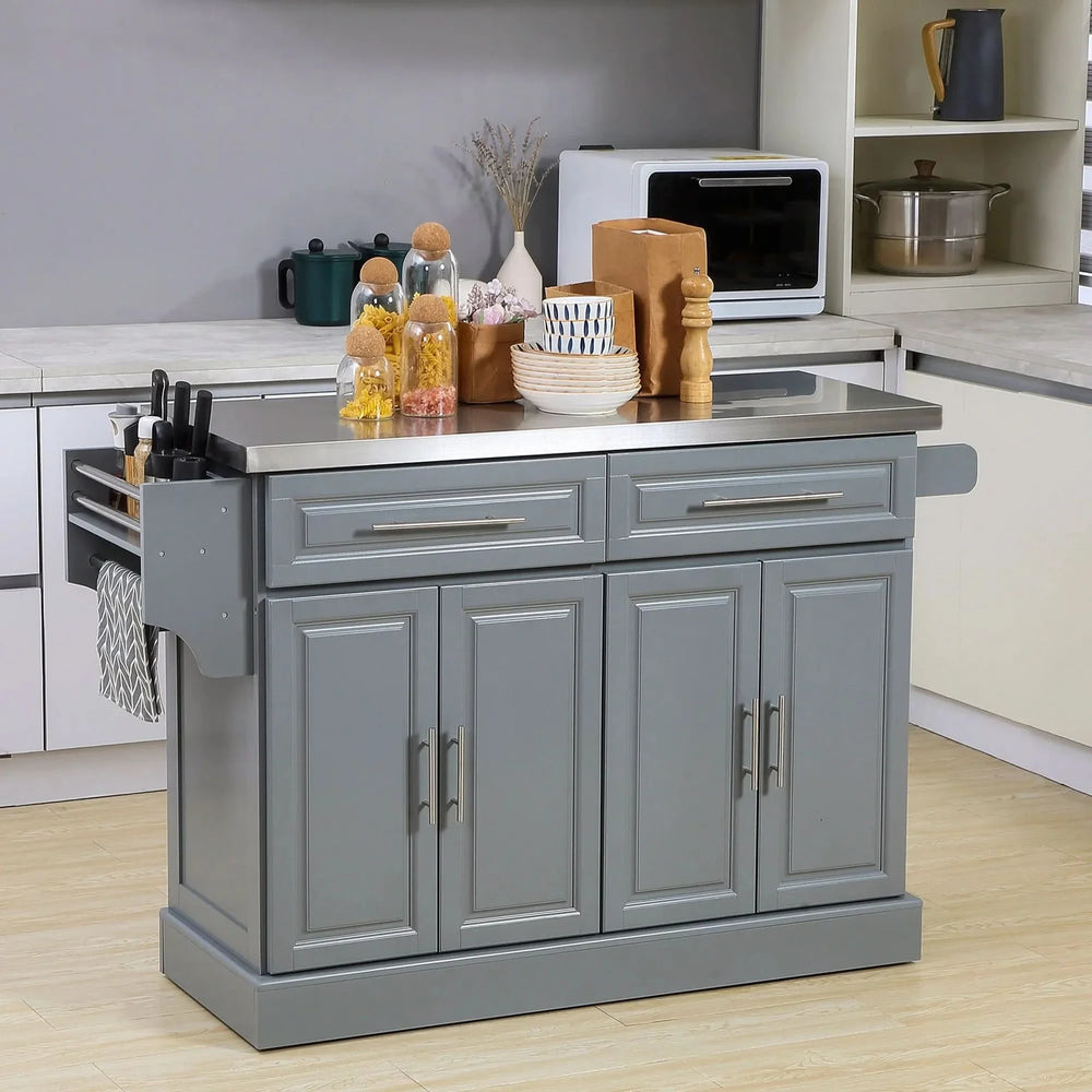 Rolling Kitchen Island Stainless Steel Top & Storage With Adjustable Shelves Media 2