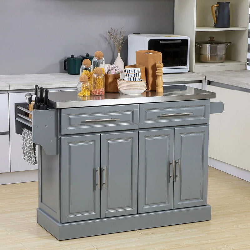 Rolling Kitchen Island Stainless Steel Top & Storage With Adjustable Shelves