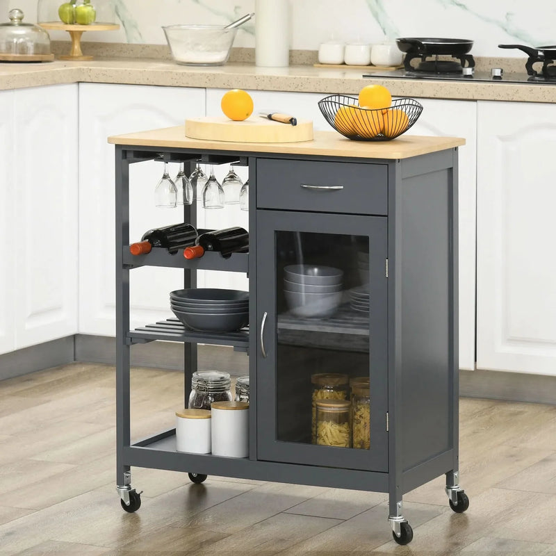 Rolling Kitchen Island Engineered Wood Storage & Wine Rack With Drawer