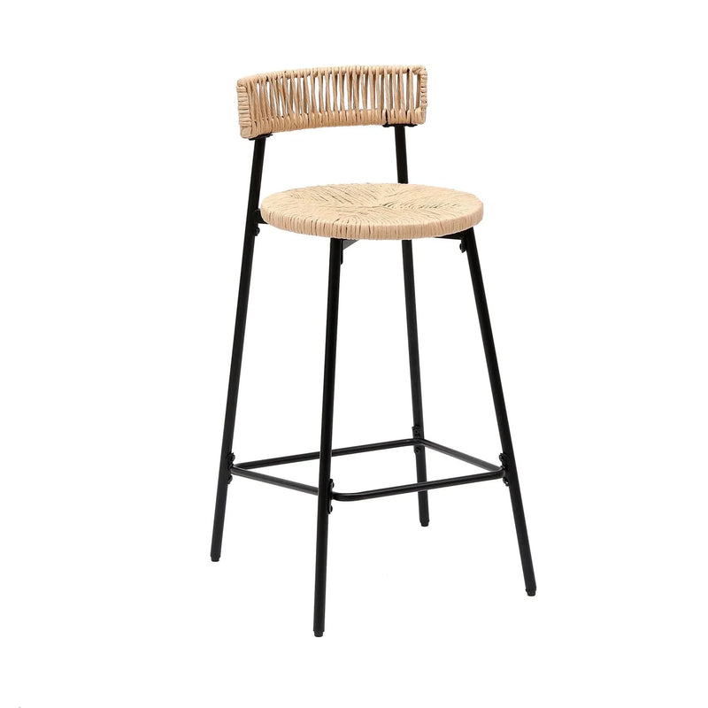 Bar Stools Paper Rope With Back Round Seat Footrest Set of 2 Black & Honey