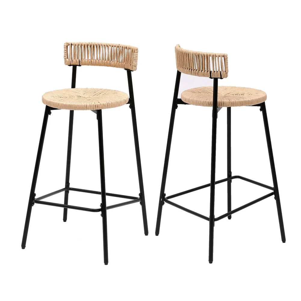Bar Stools Paper Rope With Back Round Seat Footrest Set of 2 Black & Honey Media 14