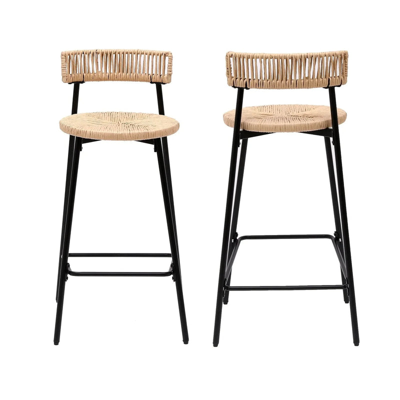 Bar Stools Paper Rope With Back Round Seat Footrest Set of 2 Black & Honey