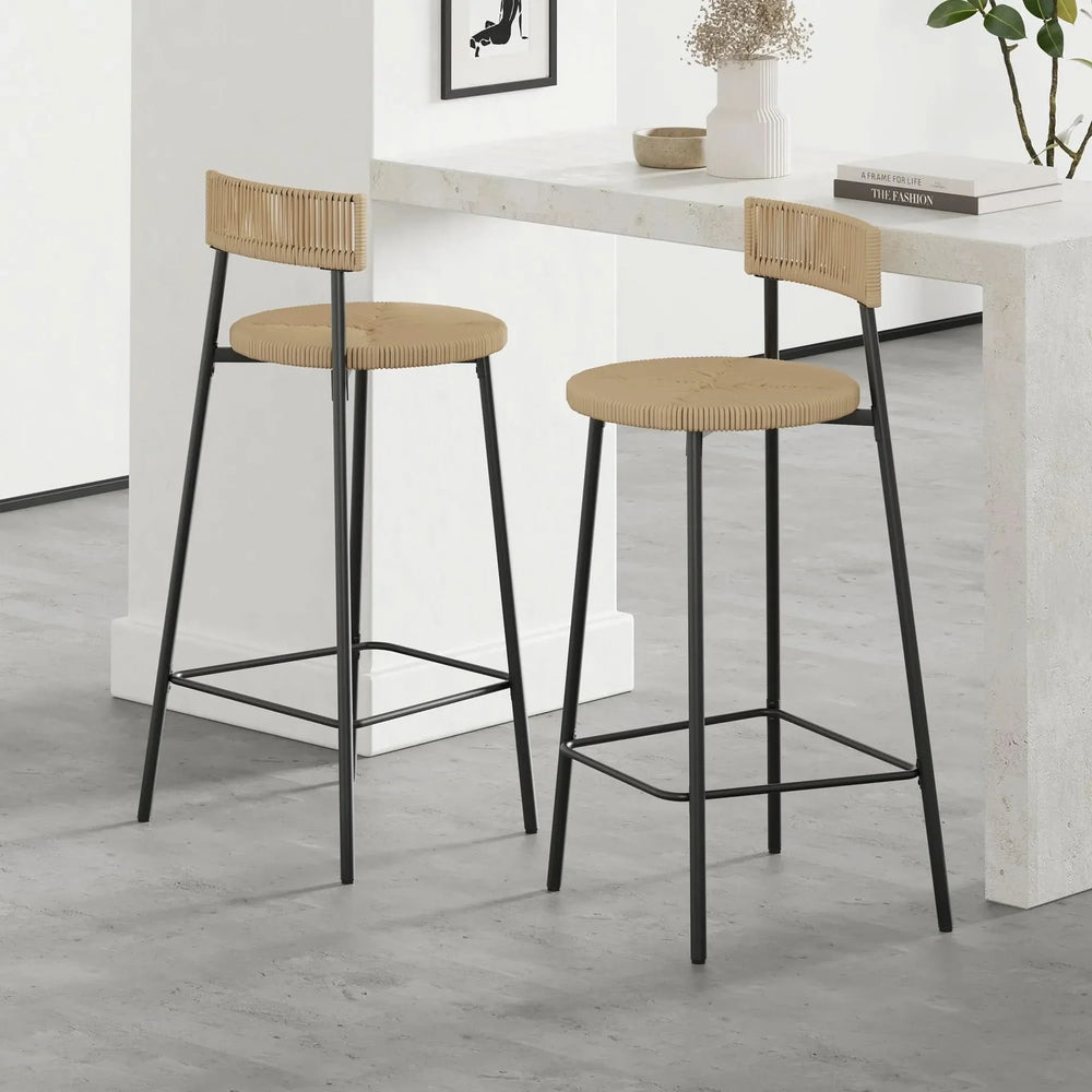 Hand Woven Bar Stools with Back Set of 2 Paper Rope Round Barstools with Footrest for Kitchen Island & Dining Rooms, Black & Honey - DTY Store