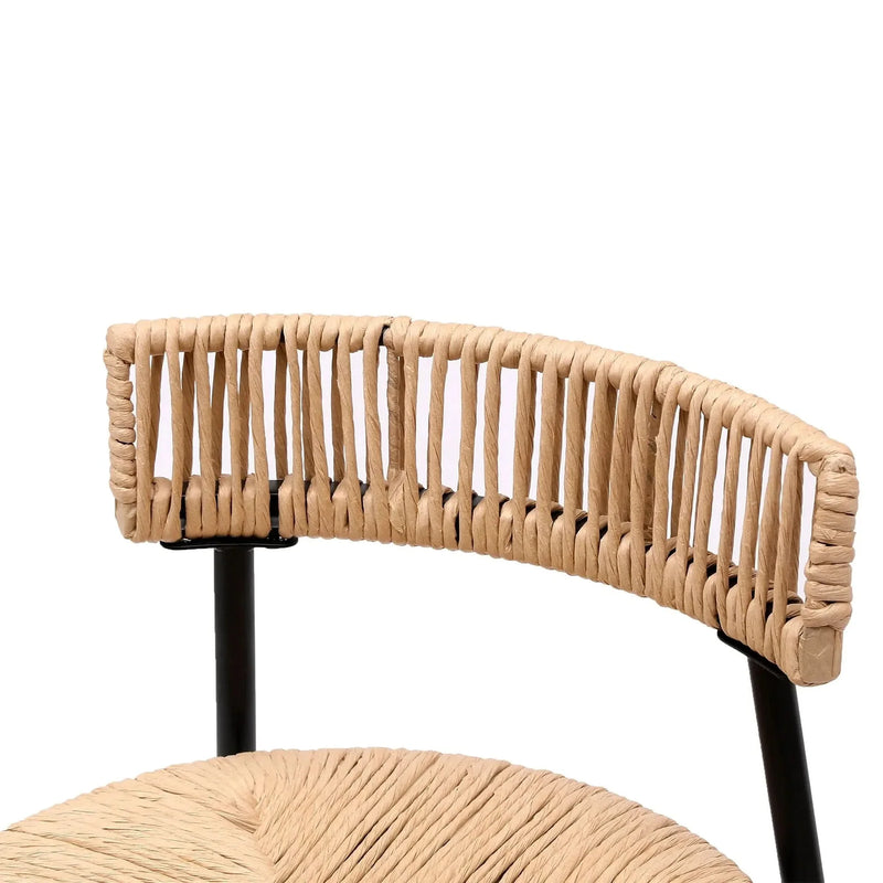 Bar Stools Paper Rope With Back Round Seat Footrest Set of 2 Black & Honey