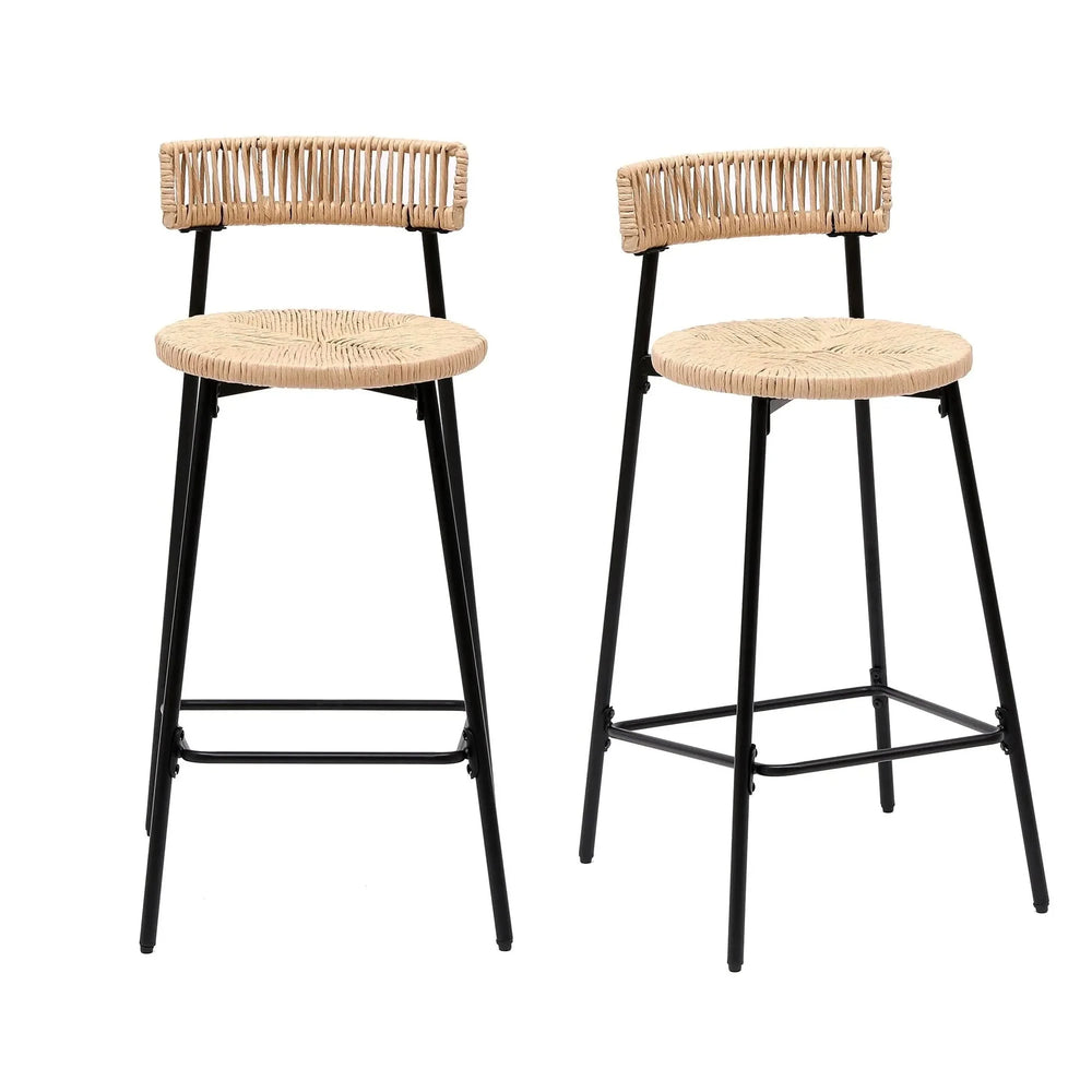 Hand Woven Bar Stools with Back Set of 2 Paper Rope Round Barstools with Footrest for Kitchen Island & Dining Rooms, Black & Honey- DTY Store