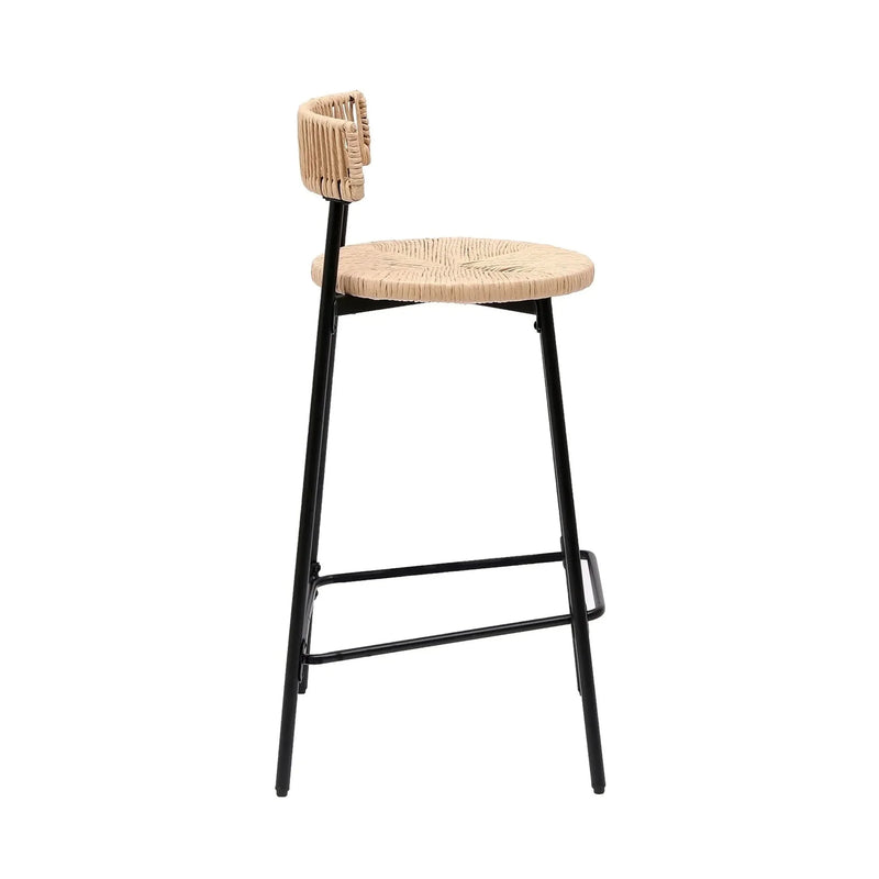 Bar Stools Paper Rope With Back Round Seat Footrest Set of 2 Black & Honey