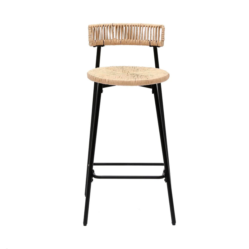 Bar Stools Paper Rope With Back Round Seat Footrest Set of 2 Black & Honey