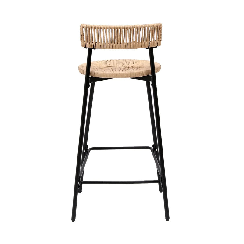 Bar Stools Paper Rope With Back Round Seat Footrest Set of 2 Black & Honey