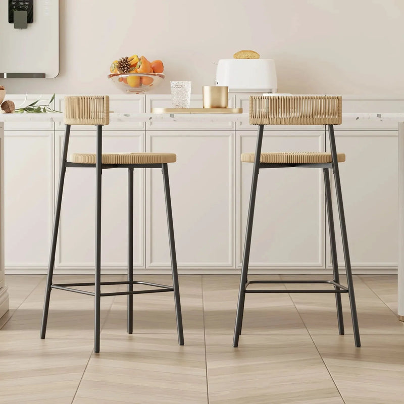 Bar Stools Paper Rope With Back Round Seat Footrest Set of 2 Black & Honey