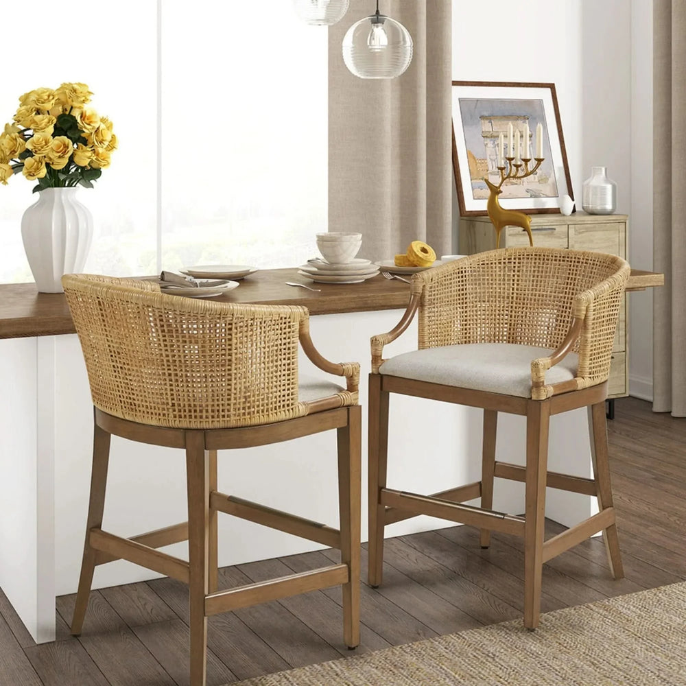Rattan Counter Stool Natural Finish Cushioned Seat Counter Height Media 8