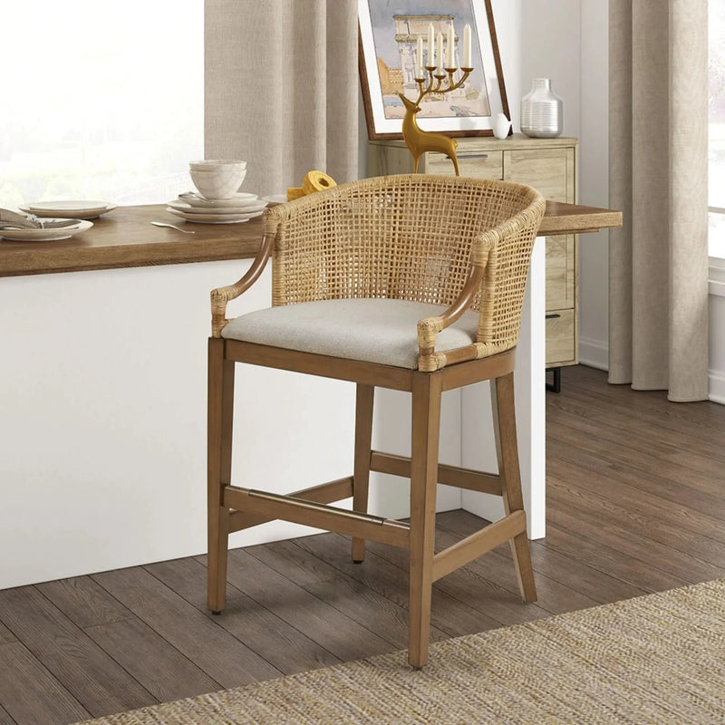 Rattan Counter Stool Natural Finish Cushioned Seat Counter Height