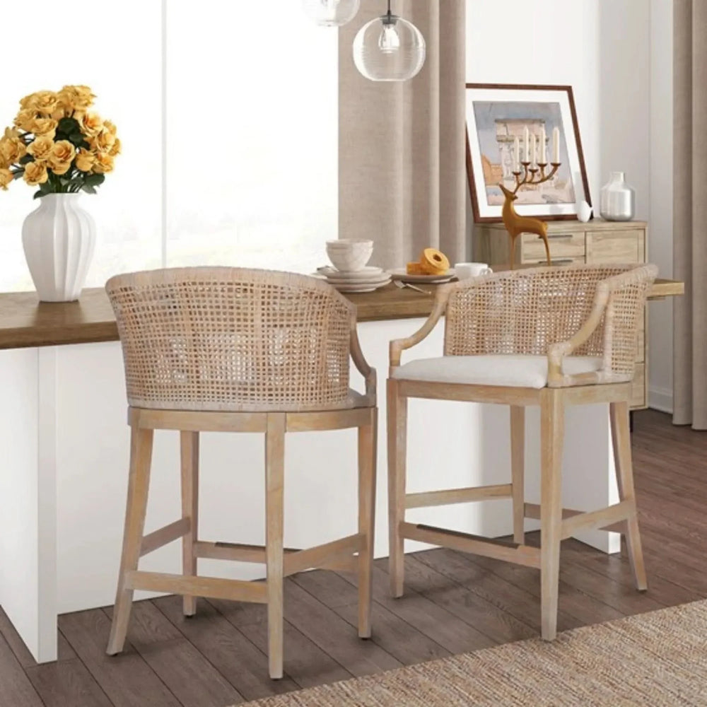 Rattan Counter Stool Linen Upholstery & Natural Whitewash Solid Wood Media 4