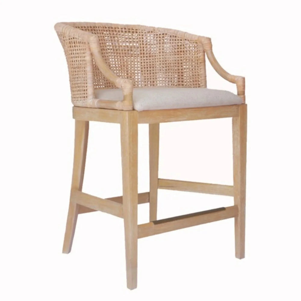 Rattan Counter Stool Linen Upholstery & Natural Whitewash Solid Wood Media 1