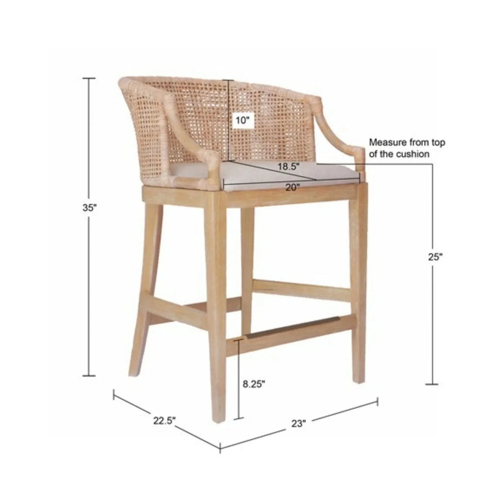 Rattan Counter Stool Linen Upholstery & Natural Whitewash Solid Wood Media 3