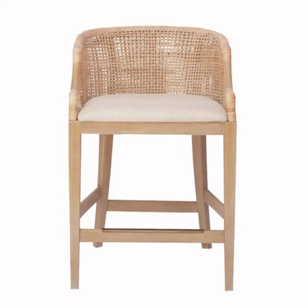 Rattan Counter Stool Linen Upholstery & Natural Whitewash Solid Wood Media 5