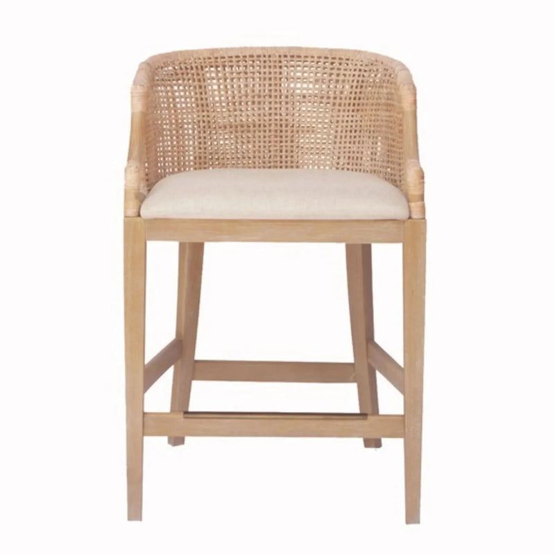 Rattan Counter Stool Linen Upholstery & Natural Whitewash Solid Wood