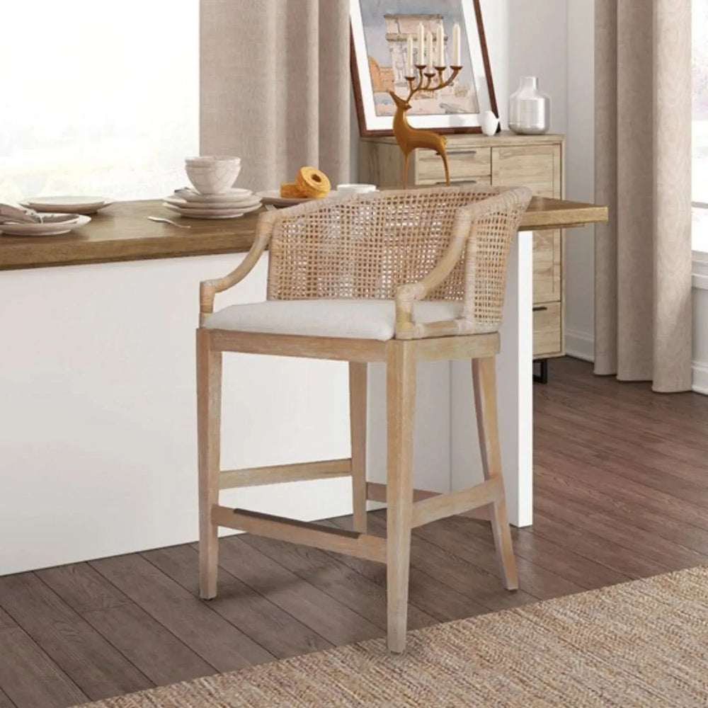 Rattan Counter Stool Linen Upholstery & Natural Whitewash Solid Wood Media 2