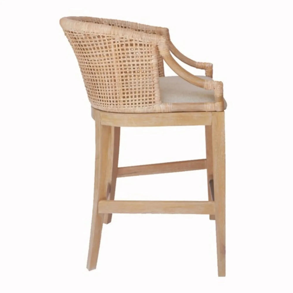 Rattan Counter Stool Linen Upholstery & Natural Whitewash Solid Wood Media 6