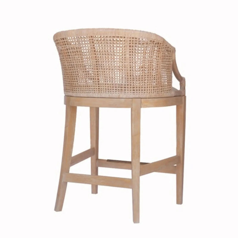 Rattan Counter Stool Linen Upholstery & Natural Whitewash Solid Wood