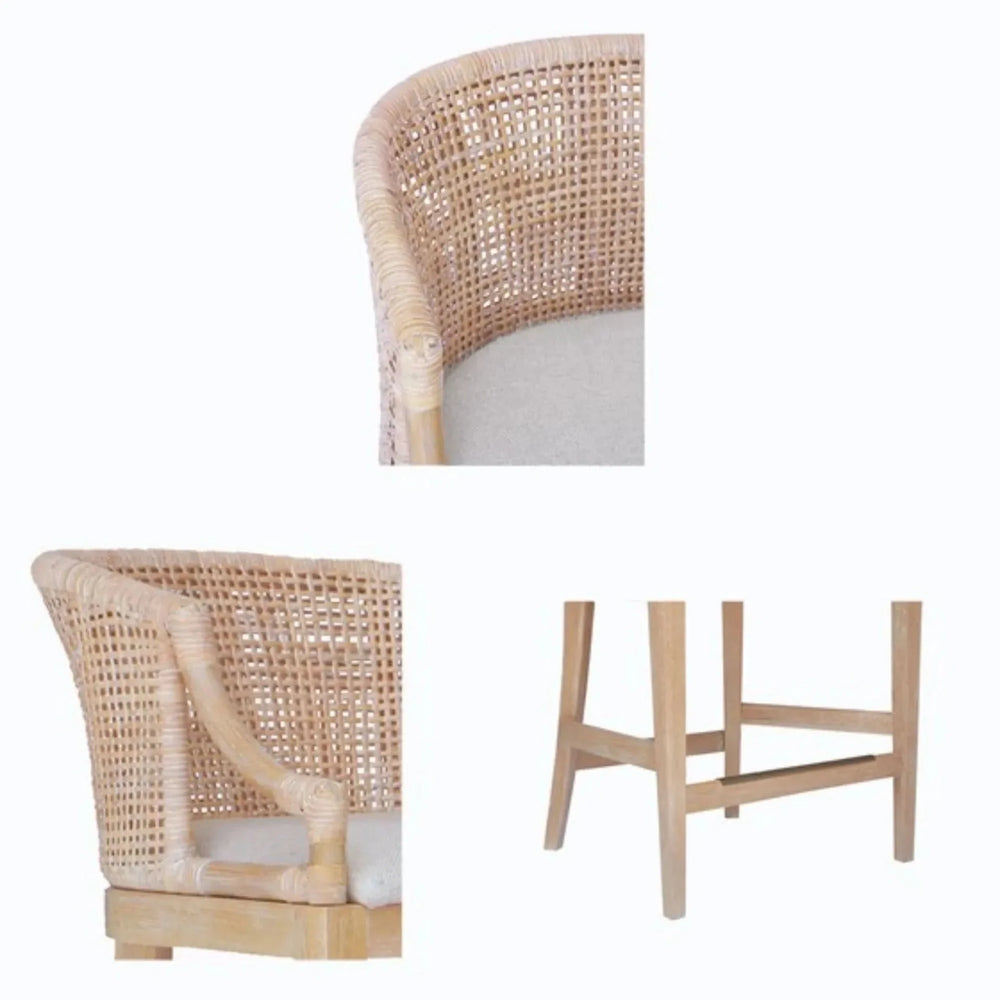 Rattan Counter Stool Linen Upholstery & Natural Whitewash Solid Wood Media 8