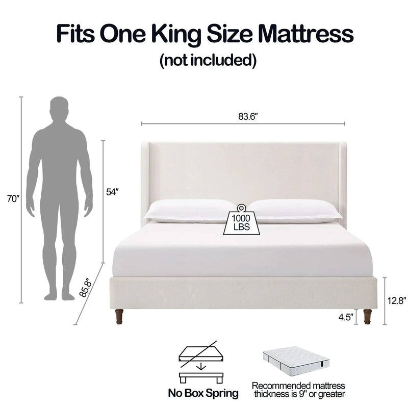 Upholstered Headboard Bed Frame Cream White Fabric & Metal Contemporary