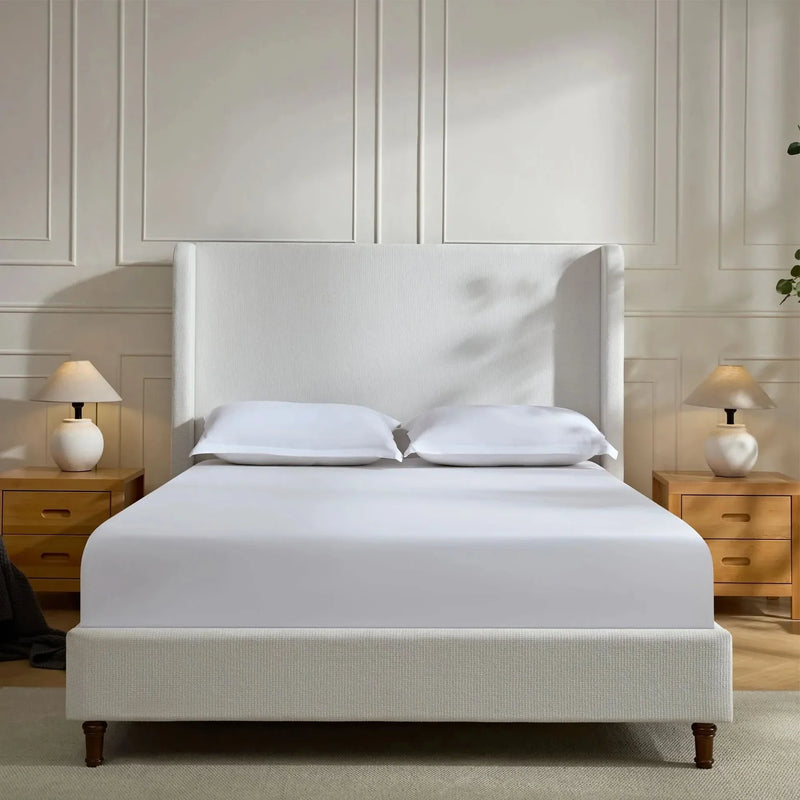 Upholstered Headboard Bed Frame Cream White Fabric & Metal Contemporary