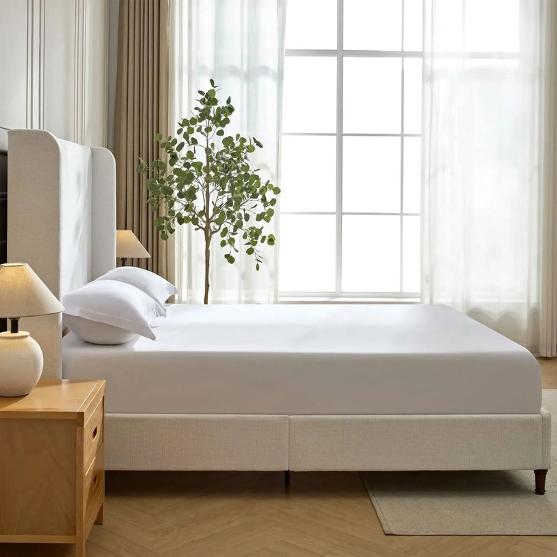 Upholstered Headboard Bed Frame Cream White Fabric & Metal Contemporary