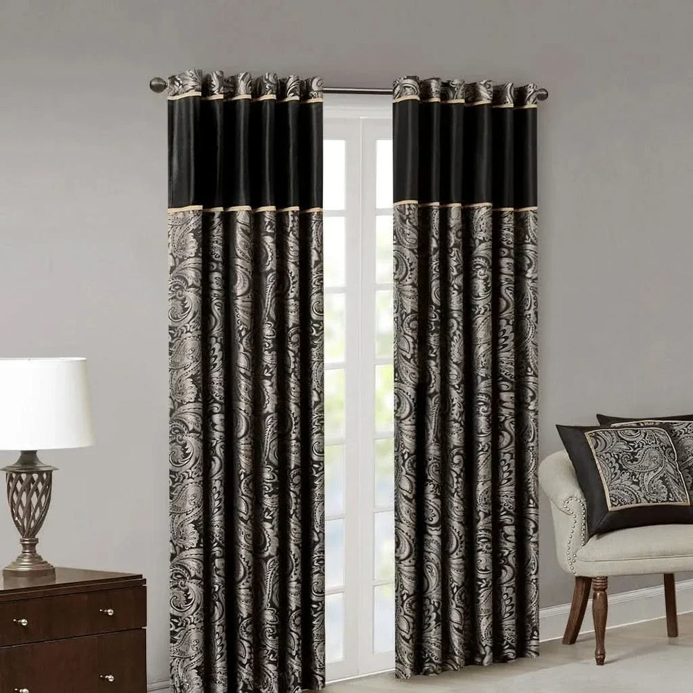 Jacquard Curtain Panels Polyester Faux Silk Light Sheen Black Two-Piece Media 5