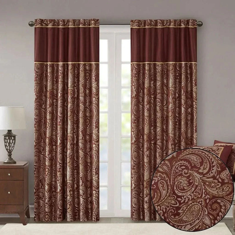 Jacquard Curtain Panels Polyester Burgundy Lustrous Pair 95x50 Inches
