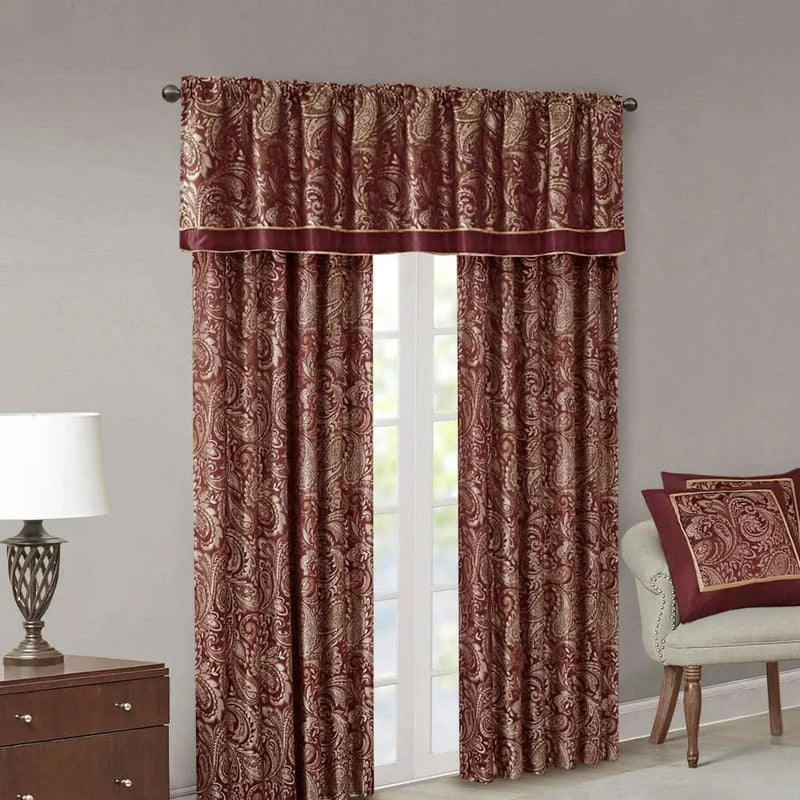 Jacquard Curtain Panels Polyester Burgundy Lustrous Pair 95x50 Inches