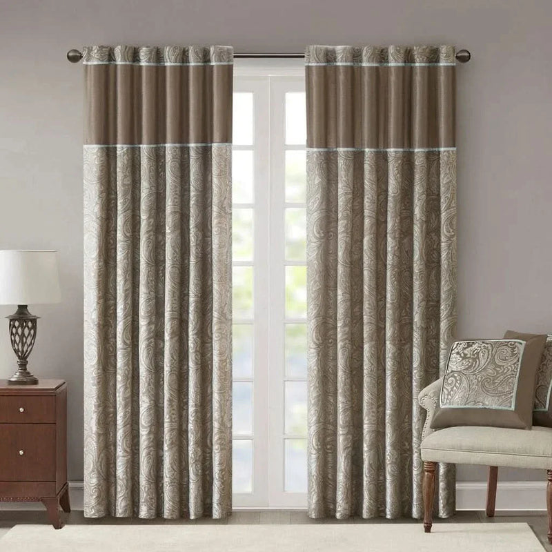 Jacquard Curtain Panels Polyester Blue & Brown Light Sheen Living Room Pair