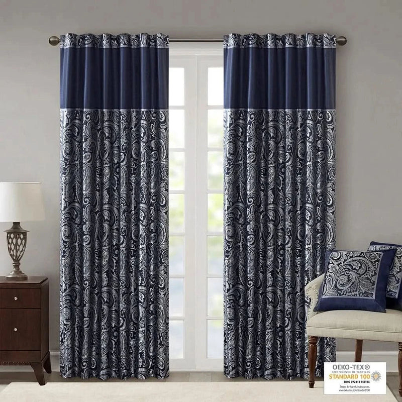 Jacquard Curtain Panel Pair Navy Polyester Light Sheen Window Panels