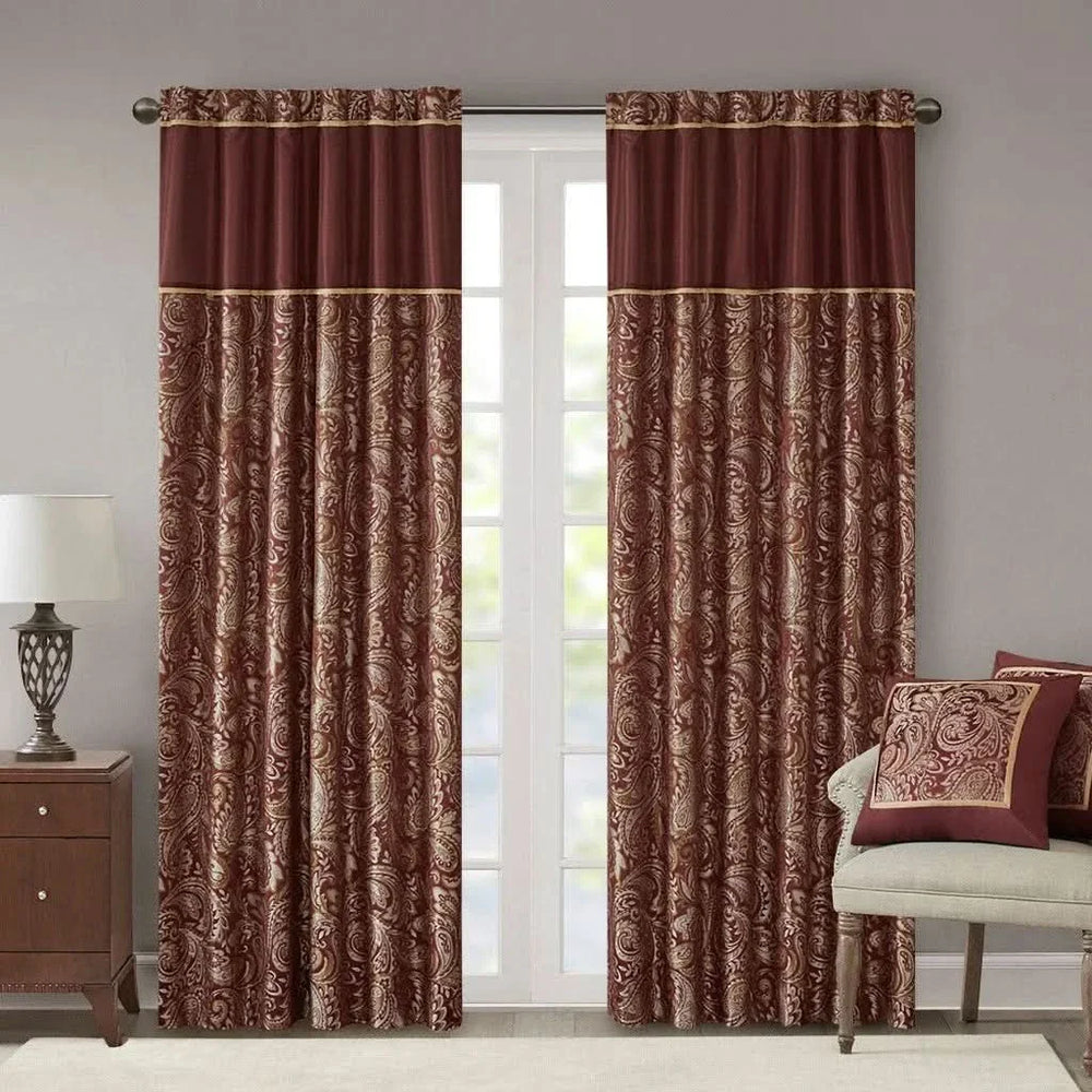Jacquard Curtain Panels Polyester Burgundy Lustrous Pair 95x50 Inches Media 5