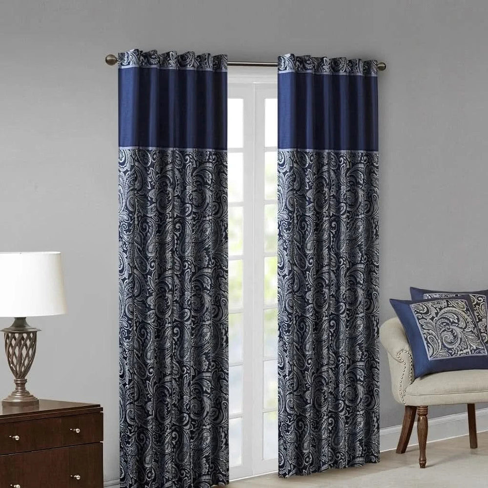 Jacquard Curtain Panel Pair Navy Polyester Light Sheen Window Panels Media 13