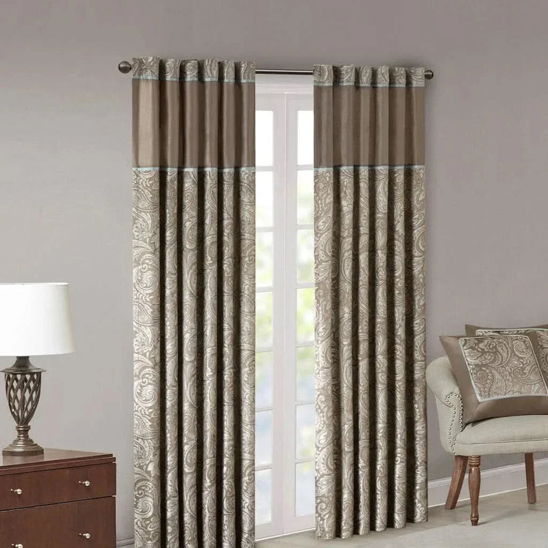 Jacquard Curtain Panels Polyester Blue & Brown Light Sheen Living Room Pair