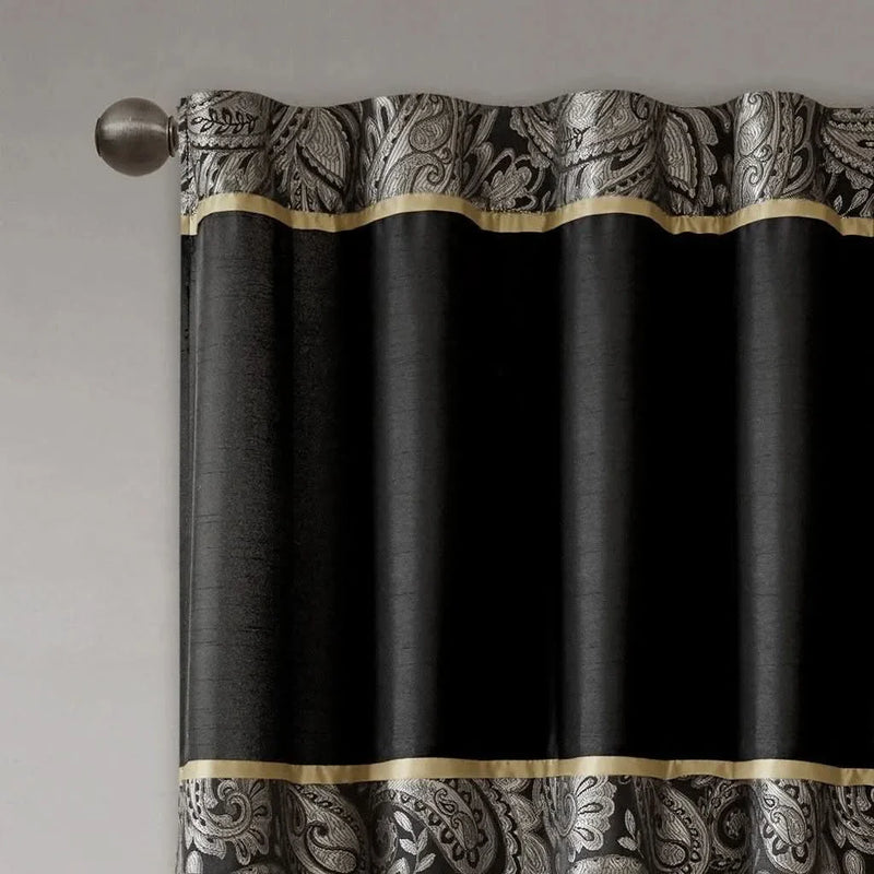 Jacquard Curtain Panels Polyester Faux Silk Light Sheen Black Two-Piece