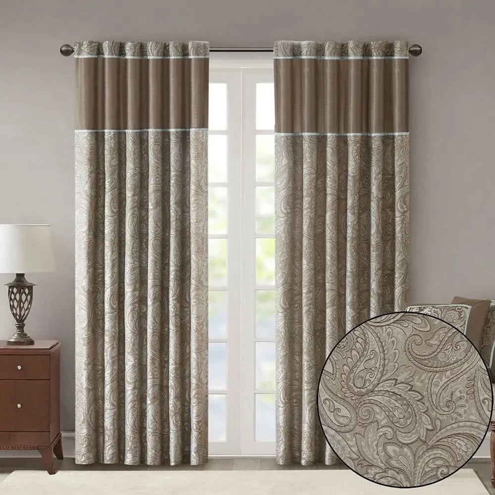 Jacquard Curtain Panels Polyester Blue & Brown Light Sheen Living Room Pair Media 1