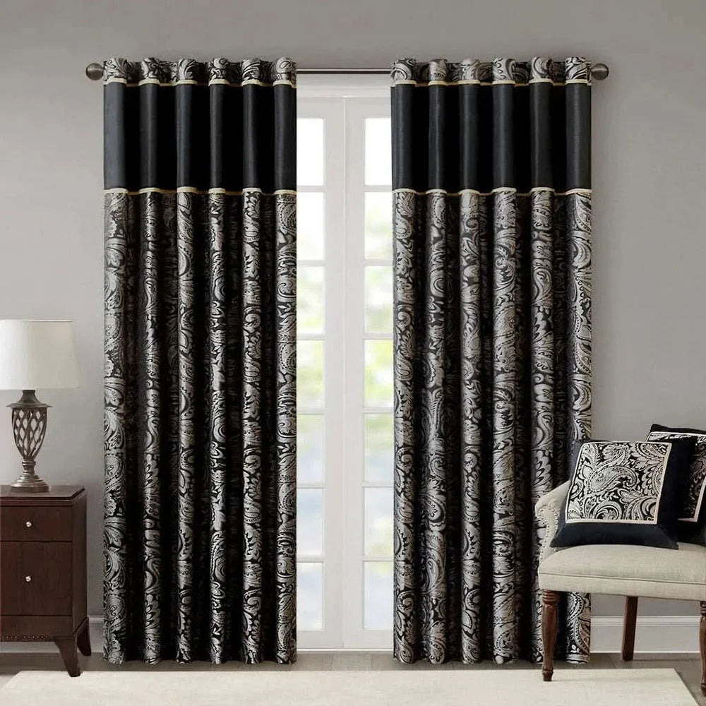 Jacquard Curtain Panels Polyester Faux Silk Light Sheen Black Two-Piece Media 1