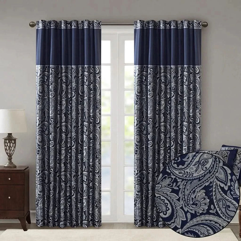 Jacquard Curtain Panel Pair Navy Polyester Light Sheen Window Panels