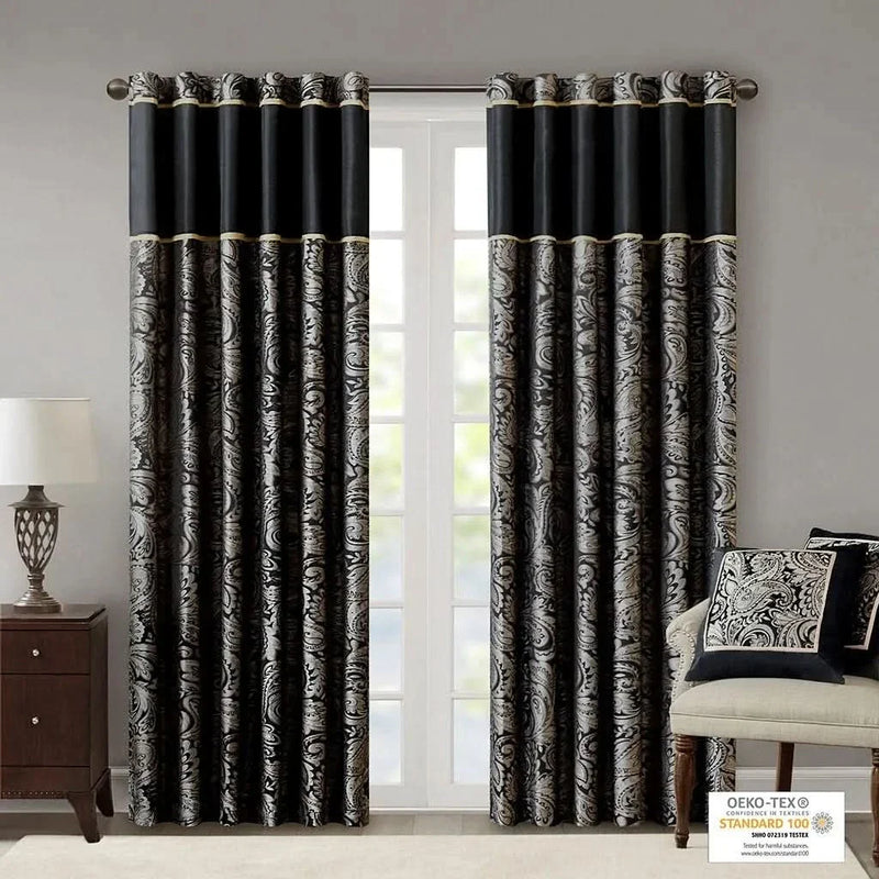 Jacquard Curtain Panels Polyester Faux Silk Light Sheen Black Two-Piece
