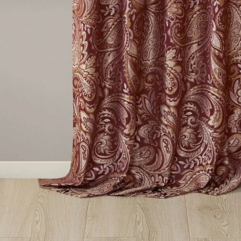 Jacquard Curtain Panels Polyester Burgundy Lustrous Pair 95x50 Inches