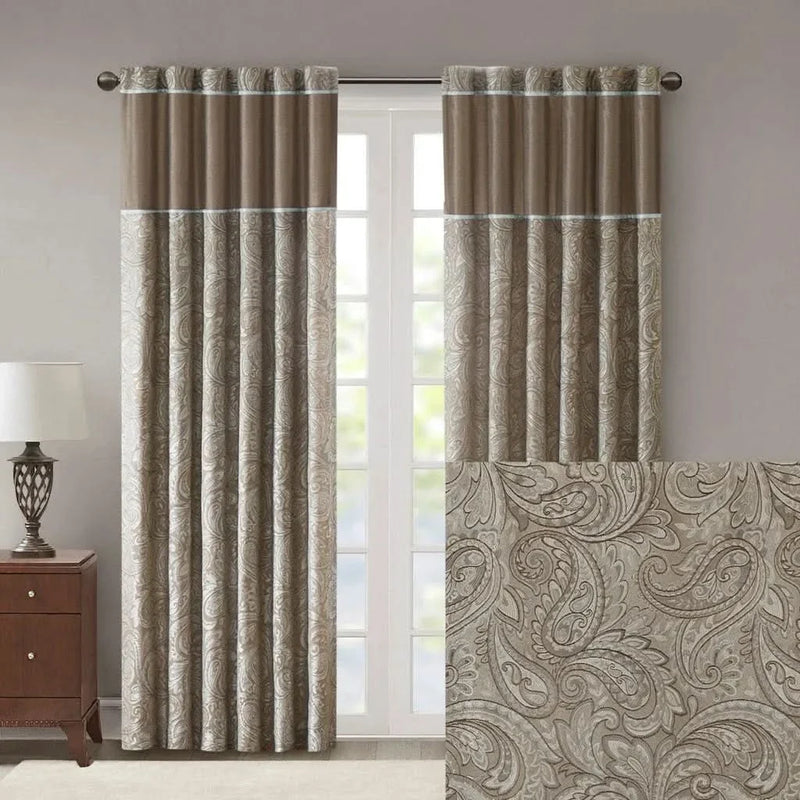 Jacquard Curtain Panels Polyester Blue & Brown Light Sheen Living Room Pair