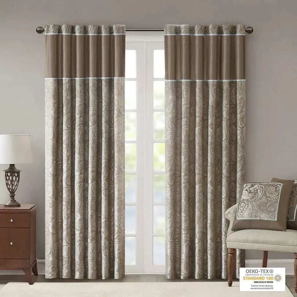 Jacquard Curtain Panels Polyester Blue & Brown Light Sheen Living Room Pair Media 14