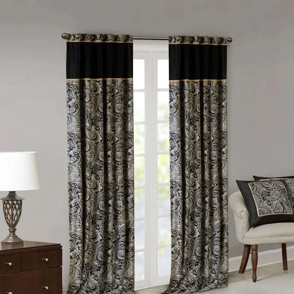 Jacquard Curtain Panels Polyester Faux Silk Light Sheen Black Two-Piece Media 3